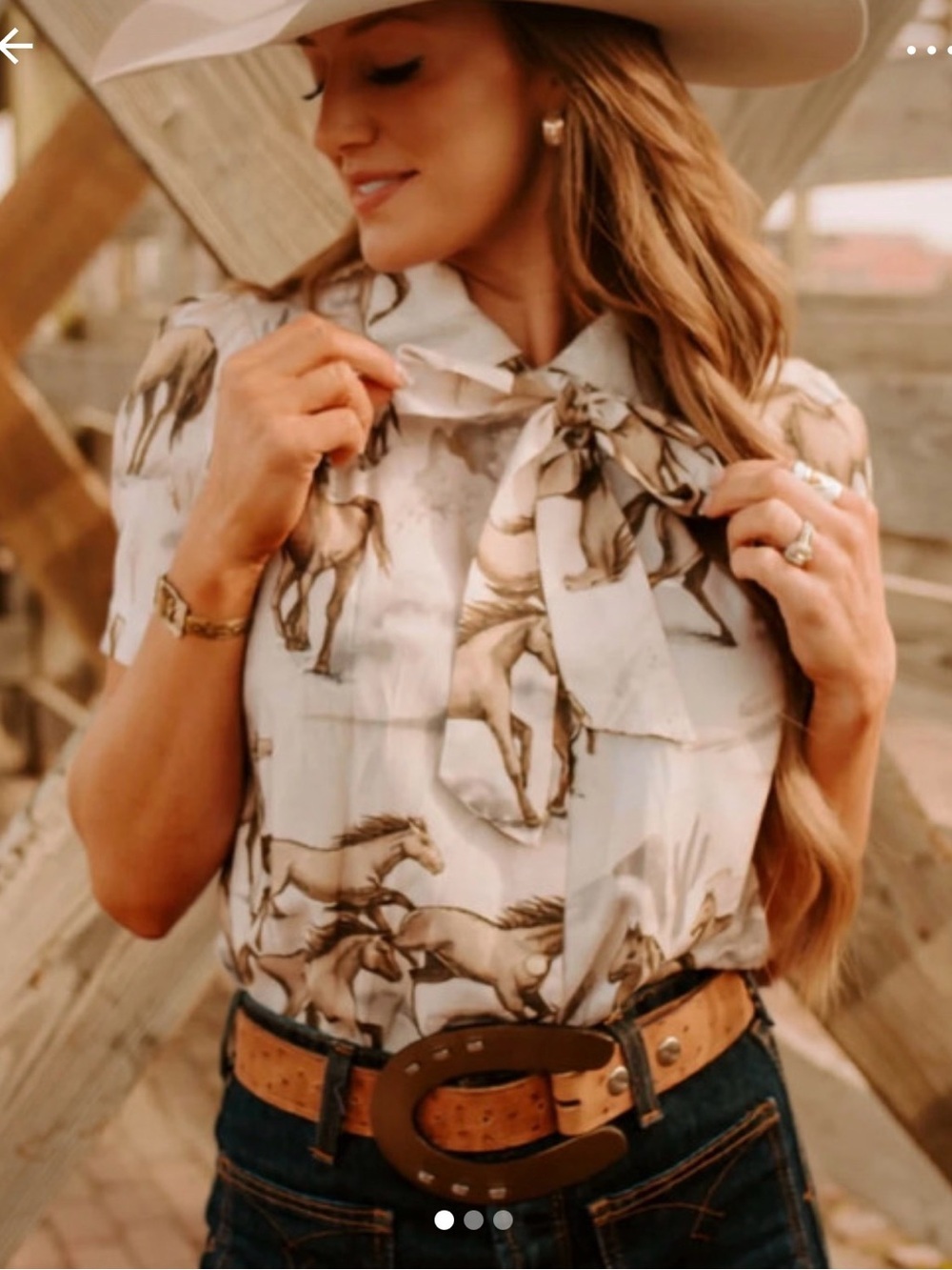 Lovlei Ranch Chantilly Horse Print Bow Tie Blouse Top SZ M Western Equestrian